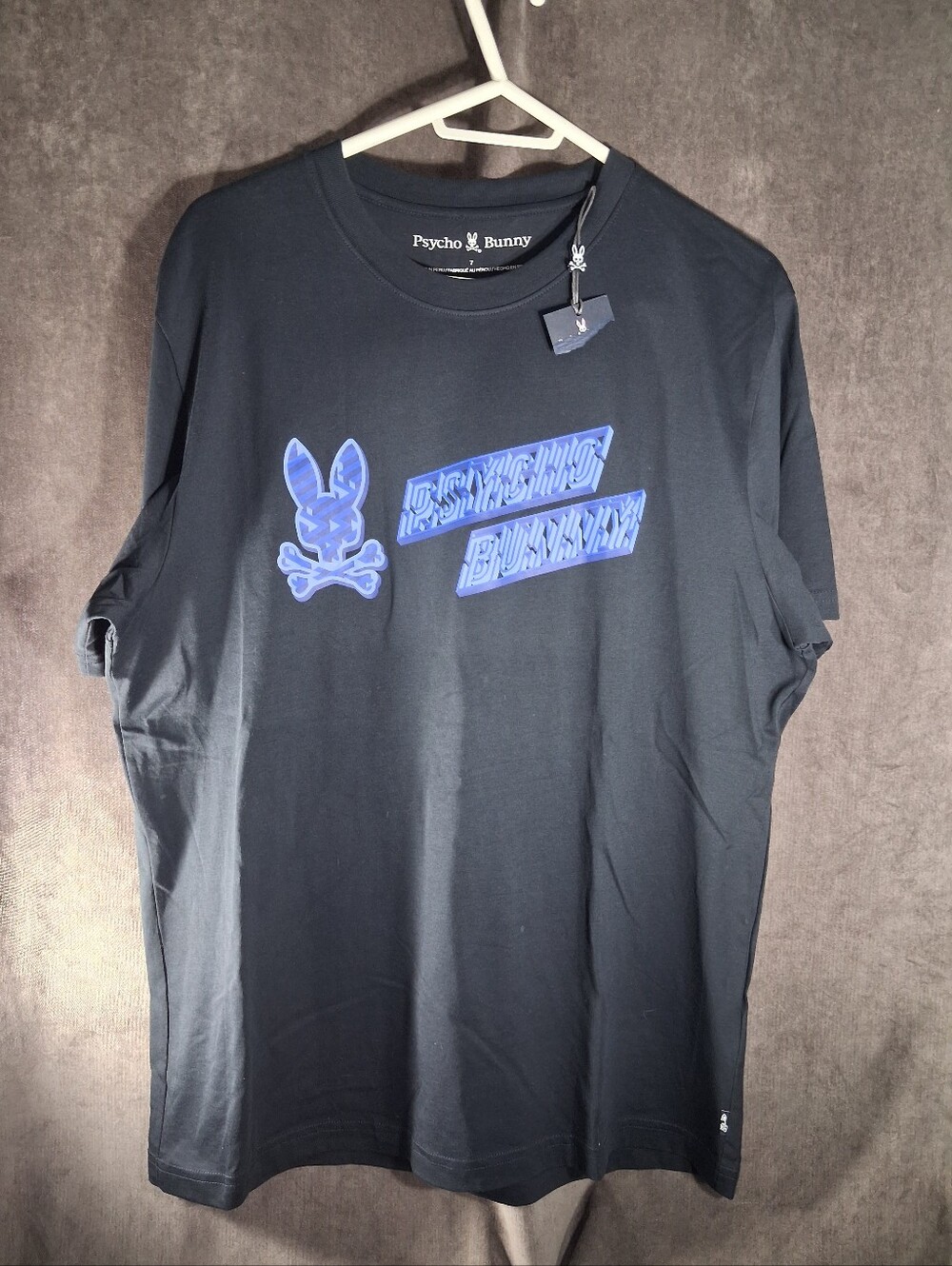 Psycho Bunny Dark Blue with Multi Blues 3D Effect Logo Graphic Tee NWT 7 = XL
